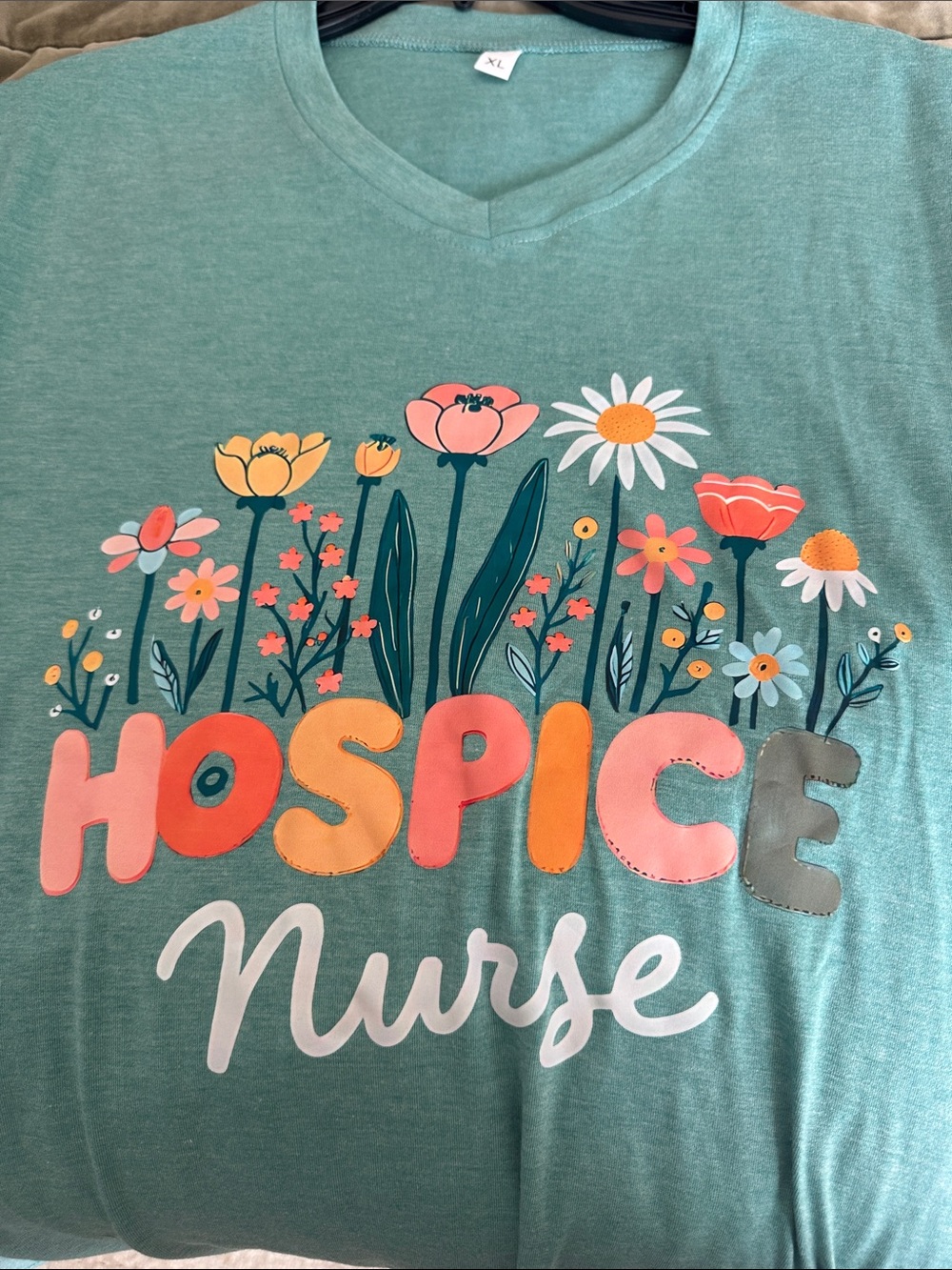 Hospice Nurse Floral Graphic V-Neck Tee - Green